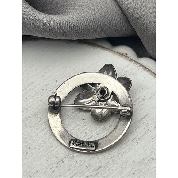 Antique SYMMETALIC STERLING + 14K Silver & Gold Flower FINE JEWELRY PIN - Picture 3 of 6